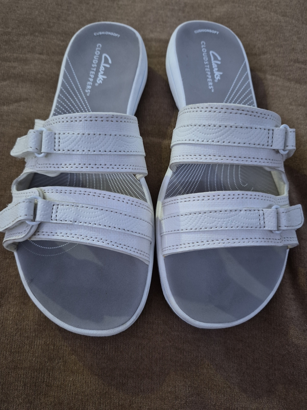 Clarks White Dual-Strap Cloudsteppers Slide Sandals - Picture 1 of 7